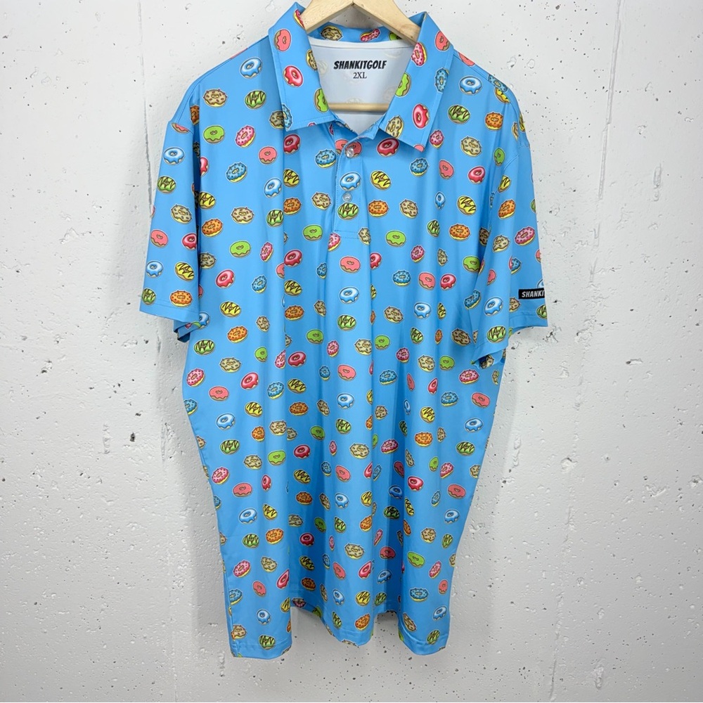 ShankItGolf men's Size 2XL Blue Donut Print Polo Gold Shirt